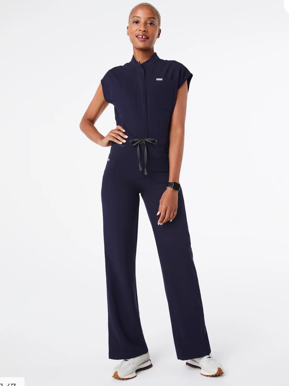 Figs Navy Zip-Front Short-Sleeve Jumpsuit with Drawstring